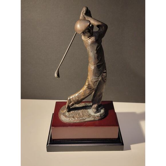 Bronze Metal Golf Figurine Statue 11.5" Wood Base Classic Perfect Swing Golfer - Picture 5 of 11